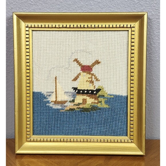 Vintage Framed Needlepoint Windmill & Sailboat Scene Signed 8' x 9' - Picture 1 of 11